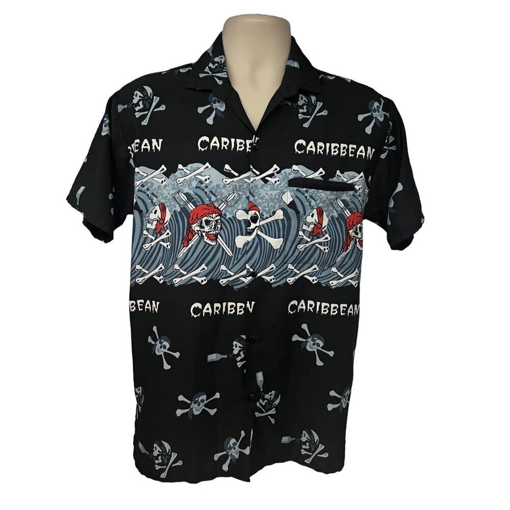 Rima Mens Black Hawaiian Button Up Shirt Medium Welt Pocket Pirates Skulls